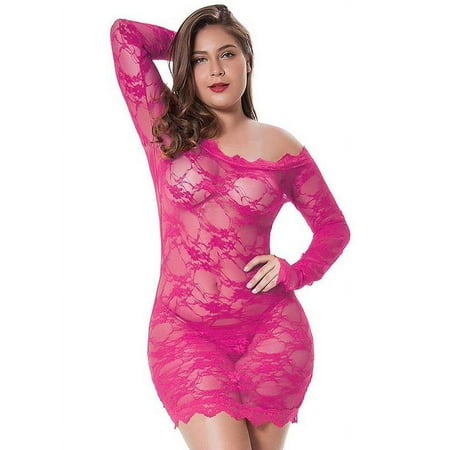 Nananla Women Bobydoll Plus Size Lace Perspective Dress Sexy Sleepwear Underwear Lingerie with Thong