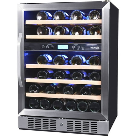 Capacity Dual Zone Wine Cooler - NewAir AWR-460DB 46-Bottle Dual-Zone Built-In Compressor Wine Refrigerator, Stainless Steel and Wood