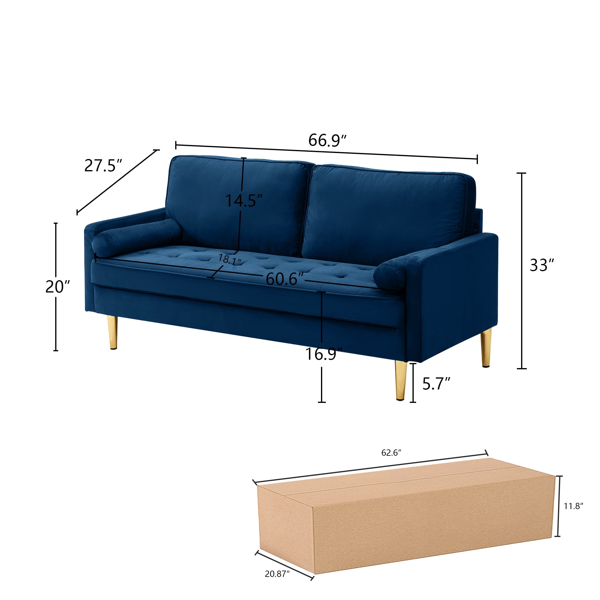 65" Velvet Upholstered Small Loveseat Couch, 2 Seater Sofa with Pine Wood Frame, Comfortable Loveseat with High-Density Sponge for Living Room, Navy