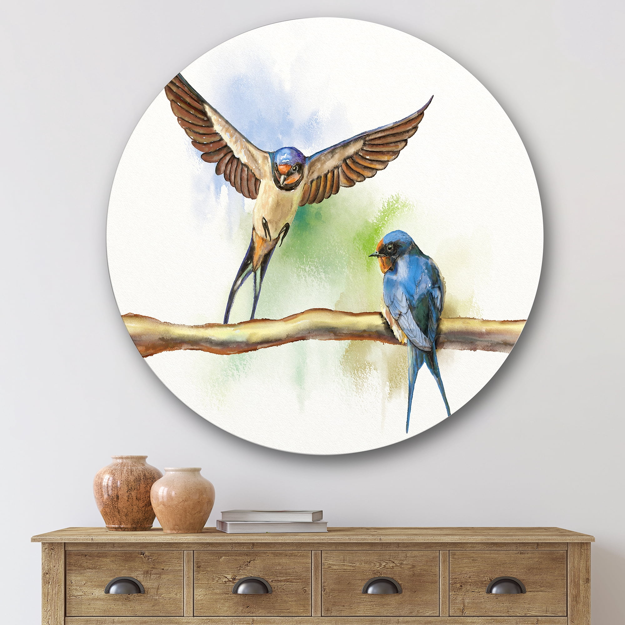 Designart 'Two Barn Swallows Birds On Branch' Farmhouse Circle Metal Wall Art 29x29 - Disc of 29