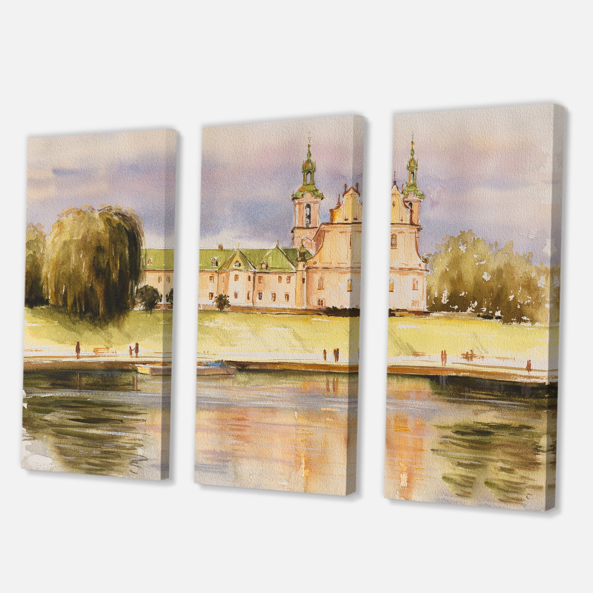 Designart ' Historical Church On The Rock On Banks of The River ' Lake House Canvas Wall Art Print