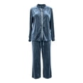 thumbnail image 4 of Women Velvet 2‑Piece Outfit Full Zip Stand Collar Jacket Drawstring Waist Wide Leg Pants Velour Loungewear Pant Suit Solid Color Fall Winter Tracksuit, 4 of 5