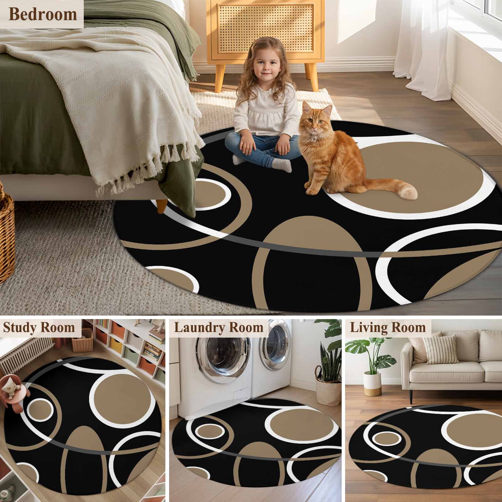 Round Area Rugs Collection 6 Ft, Black Brown Non-Slip Residential Carpet, White Circle Modern Minimalist Geometric Indoor Crawling Mats Runner Rugs for Living Room/Dining Room/Bedroom