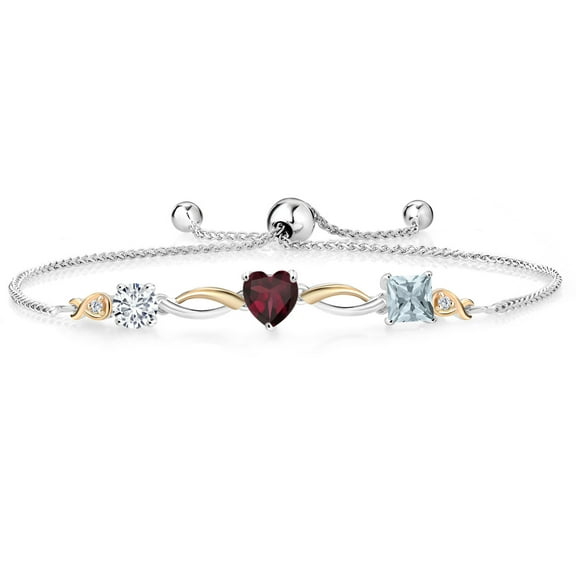 Gem Stone King Keren Hanan 1.72 Ct E-F Lab Grown Diamond Red Rhodolite Garnet 925 Silver and 10K Yellow Gold Bracelet for Women
