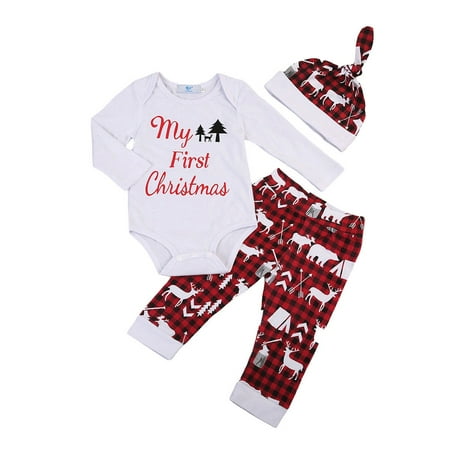 Ariana Grande Christmas Outfit US Newborn Baby Boy Girl My First Christmas Romper Pants Hat Outfit Clothes Set ()