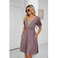 thumbnail image 3 of OUSIMEN Women's 2023 spring and summer solid color lace stitching V-neck short-sleeve pocket waist dress, 3 of 5