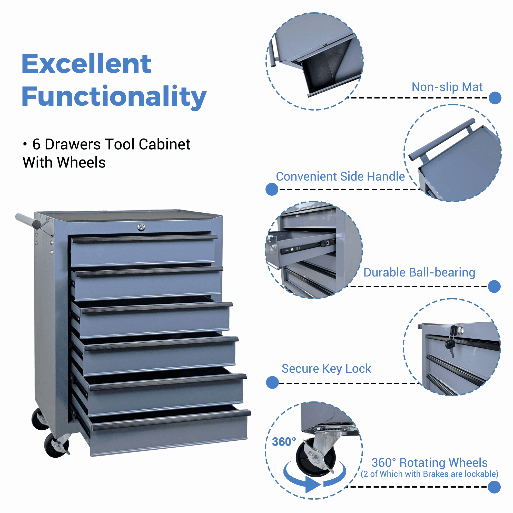 6 Drawer Tool Chest Cabinet with Ball Bearing Drawer Slides,20"W Rolling Metal Tool Chest with 6 Drawers,Steel Tool Storage Box Organizer,Grey