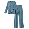 thumbnail image 4 of Dzrciro Sets for Women, Long Sleeve Crew Neck Irregular Wrap Tops and Elastic High Waist Wide Leg Pants 2 Piece Sets with Pockets, Soft Vacation Womens Sets S‑2XL, 4 of 7
