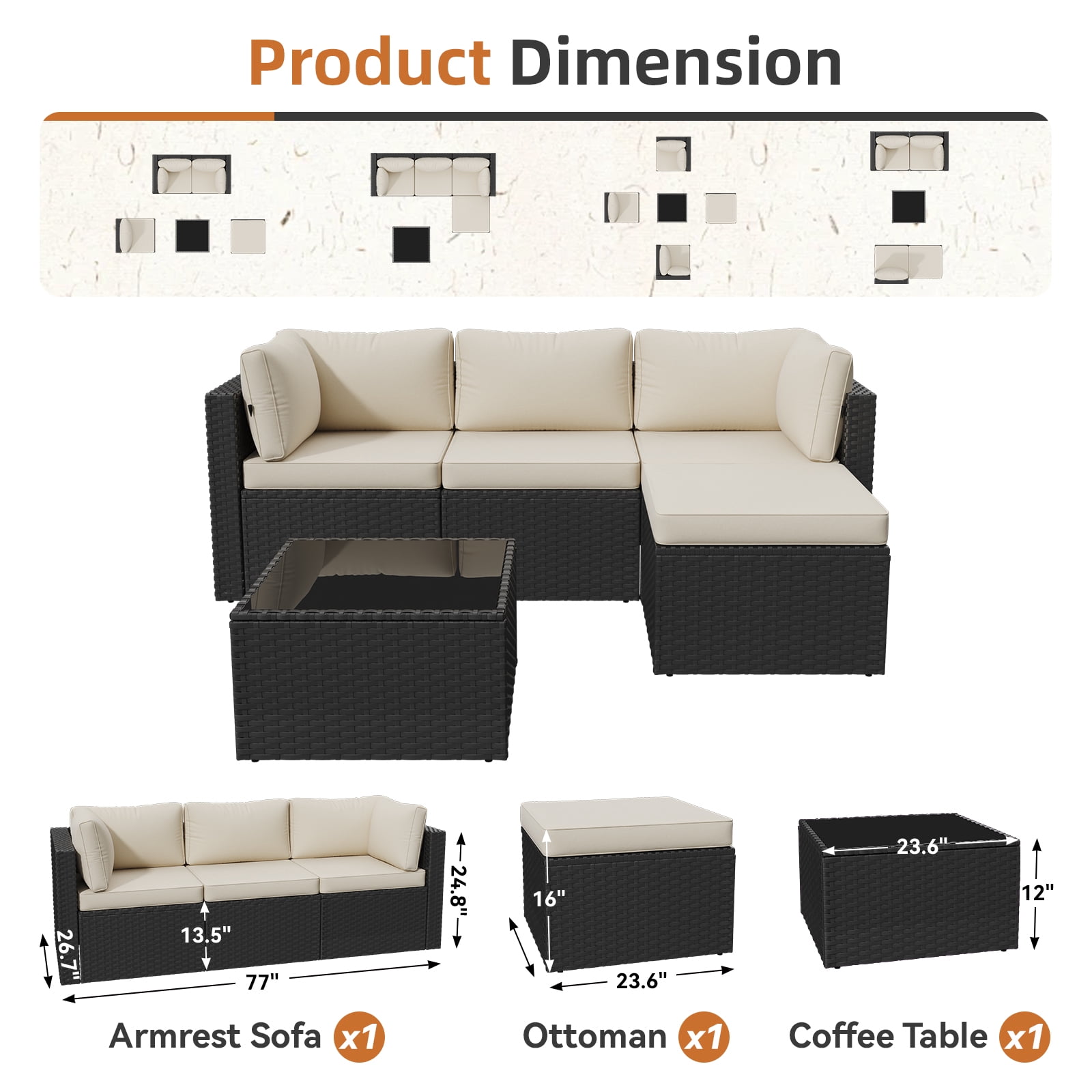 Clouddwell 5 Pieces Patio Furniture Set, All-Weather Wicker Rattan Patio Sectional Sofa Set with Coffee Table (Off-White)