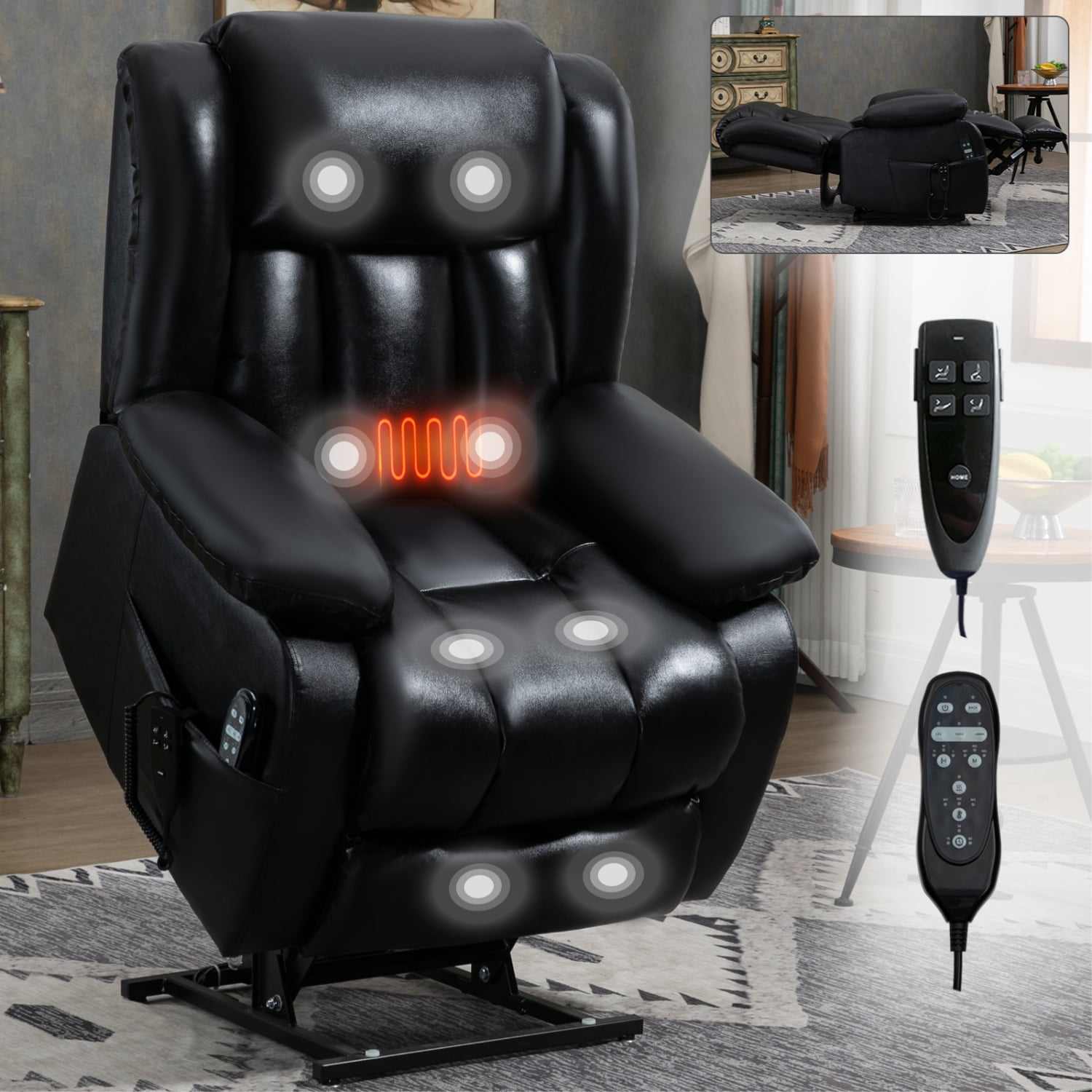 Newboti Furniture Dual Motor Infinite Position Up to 350 LBS Electric Medium size Genuine Leather Black Power Lift Recliner Chair with 8-Point Vibration Massage and Lumbar Heating 99318