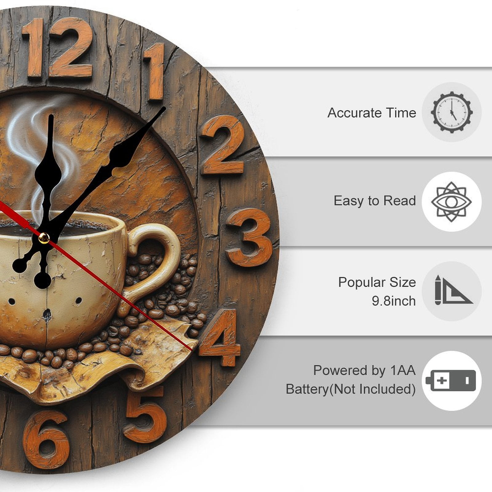 Wall Clock Decorative - Rustic Brown Coffee Cup Print 2D Vintage Wall Clocks Battery Operated Silent Non-Ticking for Bedroom, Living Room, Kitchen, Office, Classroom, 10 Inch