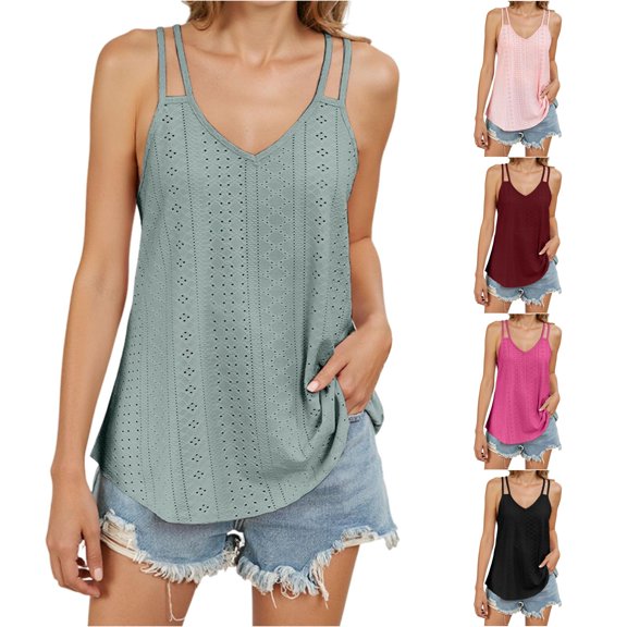 Xijirk Women V Neck Double Spaghetti Strap Tank Top Eyelet Embroidery Curved Camisole for Daily Casual Wear,Green,XXL