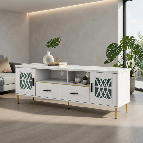 Topcobe 71 Inch TV Stand with Glass Doors for 80 Inch TVs, Modern Furniture for Indoor, Cabinet for Living Room-White