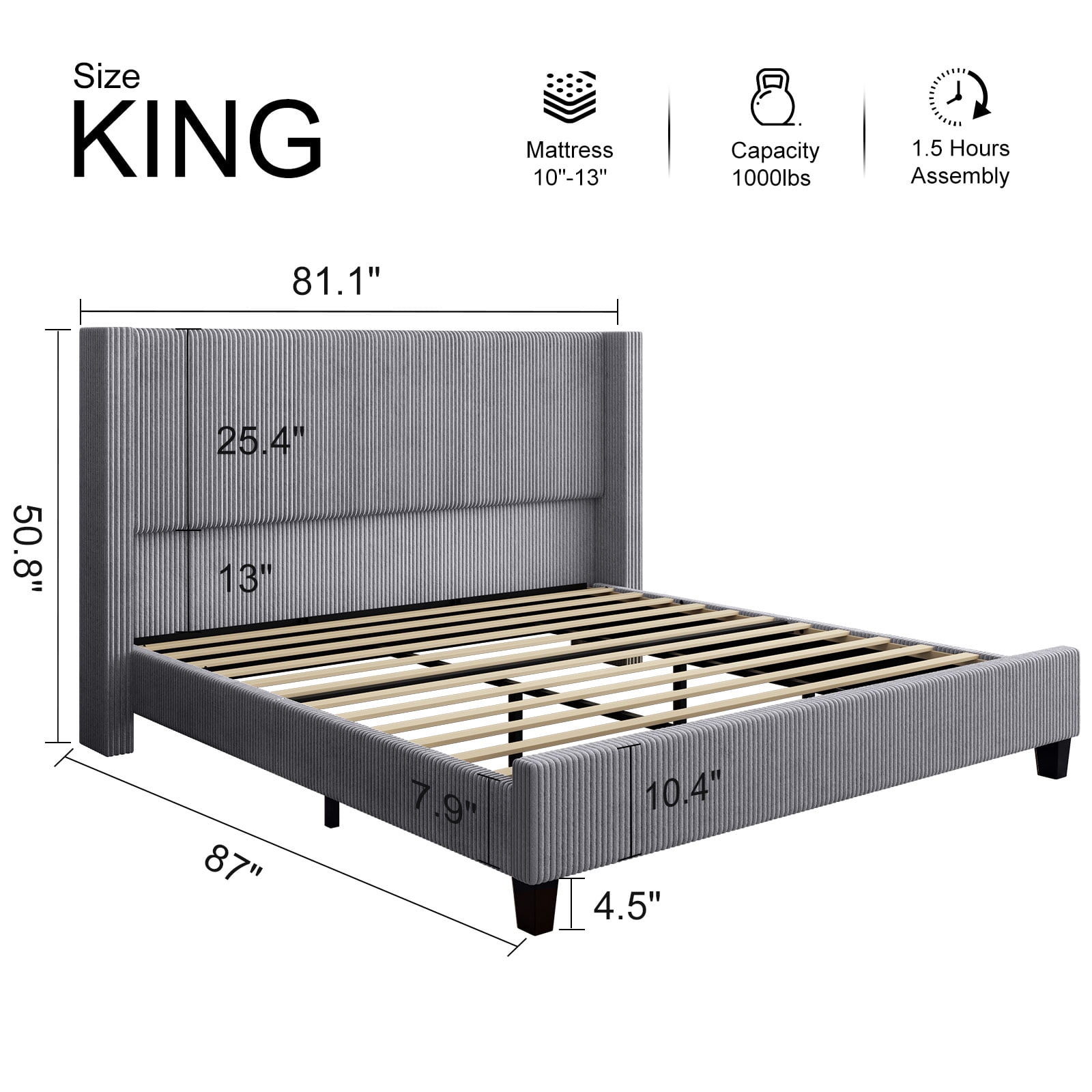 VanAcc King Size Upholstered Platform Bed Frame, Wingback Bed with 50.8" Headboard, Corduroy