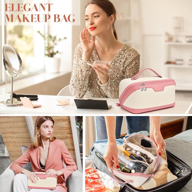 flat travel makeup bag Telena Leather Make Up Portable Bag Waterproof Cosmetic Bags for Women Large Capacity With Handle and Divider Open Lay while closing smoothly for convenient portability Numhew Travel Makeup Bag in