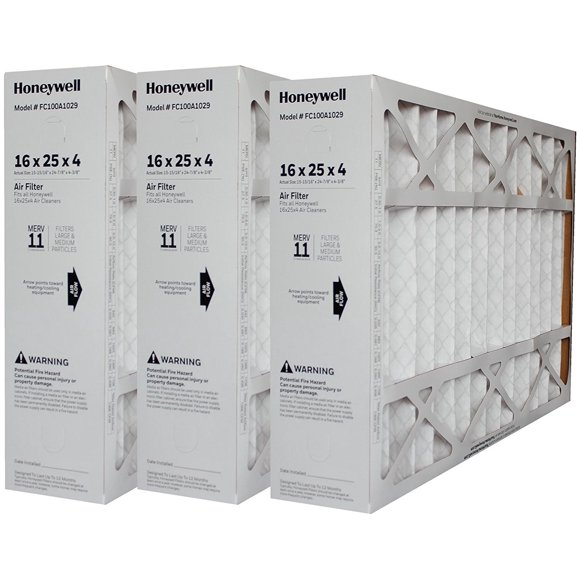 Honeywell 16x25x4 MERV 11 Model # FC100A1029 Genuine Original. Actual Size 15 15/16" x 24 7/8" x 4 3/8". Case of 3.