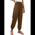 thumbnail image 3 of Pantalones de Verano Bohemios Informales de Negocios, Plisados, Elásticos, de Cintura Alta, de Pierna y con Bolsillos para Mujer. Color Café L, 3 of 9
