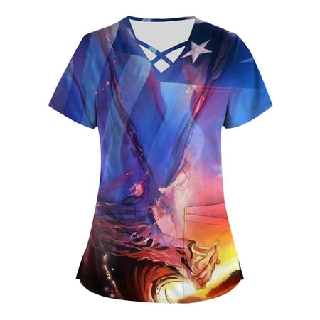 

4th of July Shirts Plus Size Independence Day Printed Scrub Working Uniform Tops For Women Cross V-Neck Short Sleeve Fun T-Shirts Workwear Tee With Pockets Blue Large