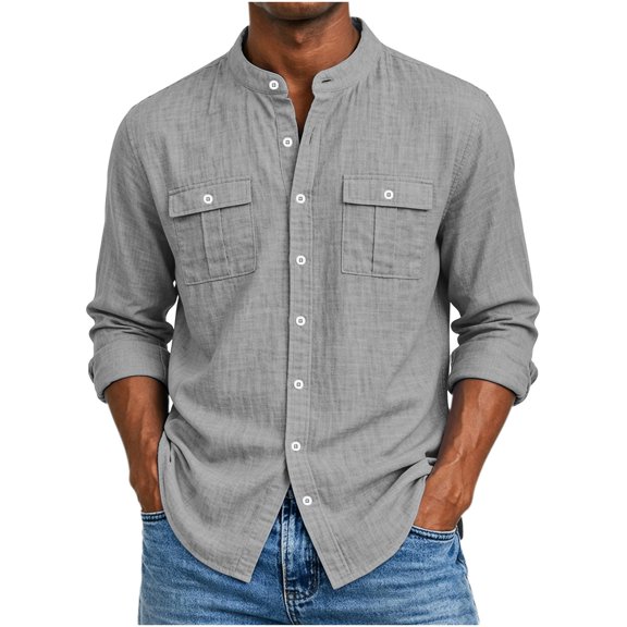 BVnarty Men’s Long Sleeve Mandarin Collar Dual Pocket Roll Tab Woven Shirt for Cool Season Casual Workwear Dark Gray M
