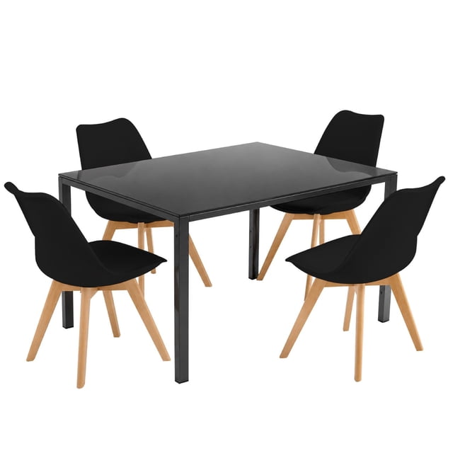 Comedor con Mesa en Vidrio Negro Moderna + 4 Sillas Tulip negro
