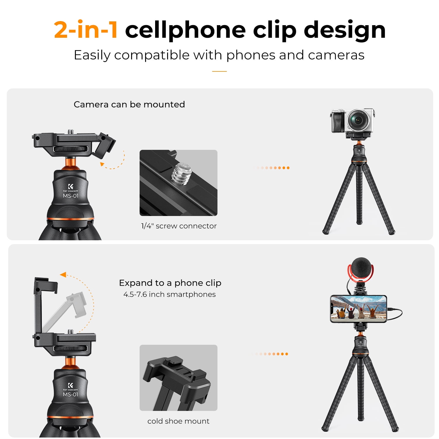 K&F Concept Camera Tripod Versatile Mini Flexible Phone Stand, Adjustable Legs Phone Tripod with Bluetooth Remote for Cellphones Video Recording, Vlogging and Travel Photography