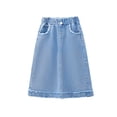 thumbnail image 4 of DAETIROS Girls Denim Midi Skirt with Pockets - Elastic Waist A-Line Jean Skirt for Kids Age 6-16, Casual Blue Raw Hem,Size 6-7T, 4 of 9