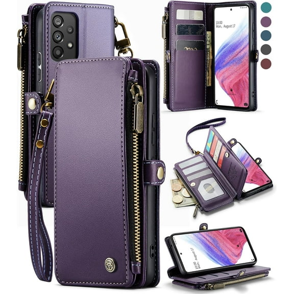 for Samsung Galaxy A53 5G Case, 【RFID Blocking】 for Samsung A53 5G Case Wallet for Women Men, PU Leather Magnetic Flip Strap Zipper Card Holder Phone Case for Galaxy A53 5G, Purple