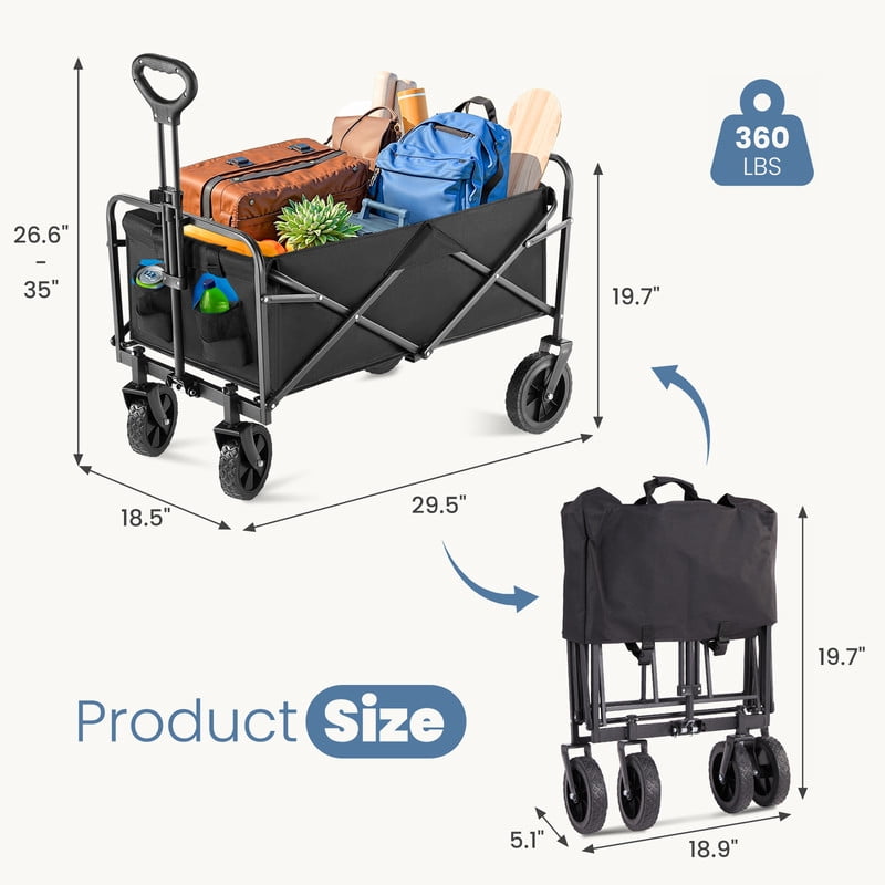 EDX Foldable Utility Cart, Small Capacity Shopping Wagon Cart with Drink Holders for Outdoors, Black