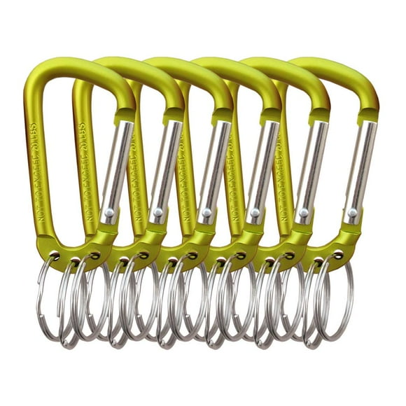 VictorsHome Carabiner Clip Keychain Aluminum Alloy D Shape Multifunction Clip Hook with 3 Key Rings for Outdoor Backpack Yellow 6 Pack