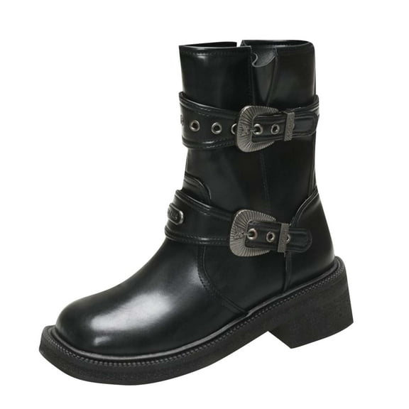 Black Women'S Thick Sole Boots With Buckle Detail And Round Toe For Everyday Style