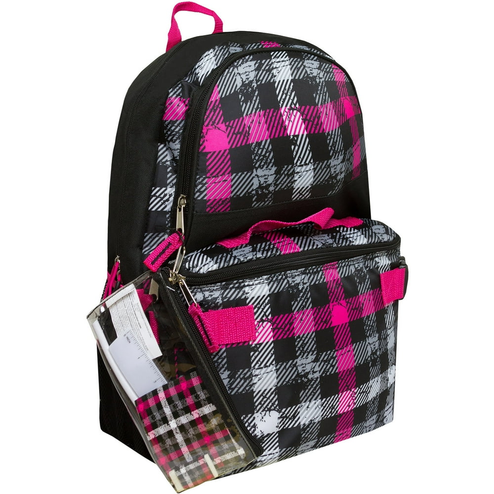 Triple Pocket 17" Plaid Print Backpack with Pencil Case and Lunch Bag