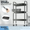 thumbnail image 6 of 3 Tier Mesh Utility Cart, Rolling Metal Organization Cart with Handle and Lockable Wheels, 3 Hanging Cups and 4 Hooks, Mobile Trolley Cart for Kitchen, Bathroom, Office, Workshop, Black, 6 of 7