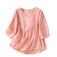 thumbnail image 1 of Timegard Hauts en Coton et Lin pour Femmes Manches 3/4 Col Rond Broderie Froncée Blouse Décontractée Ample, 1 of 7