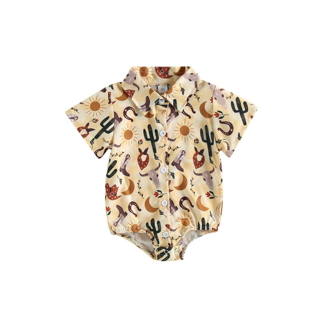 Fortune Barboteuse Garçon Bébé Imprimé Vache Manches Courtes Chemise à Boutons Justaucorps