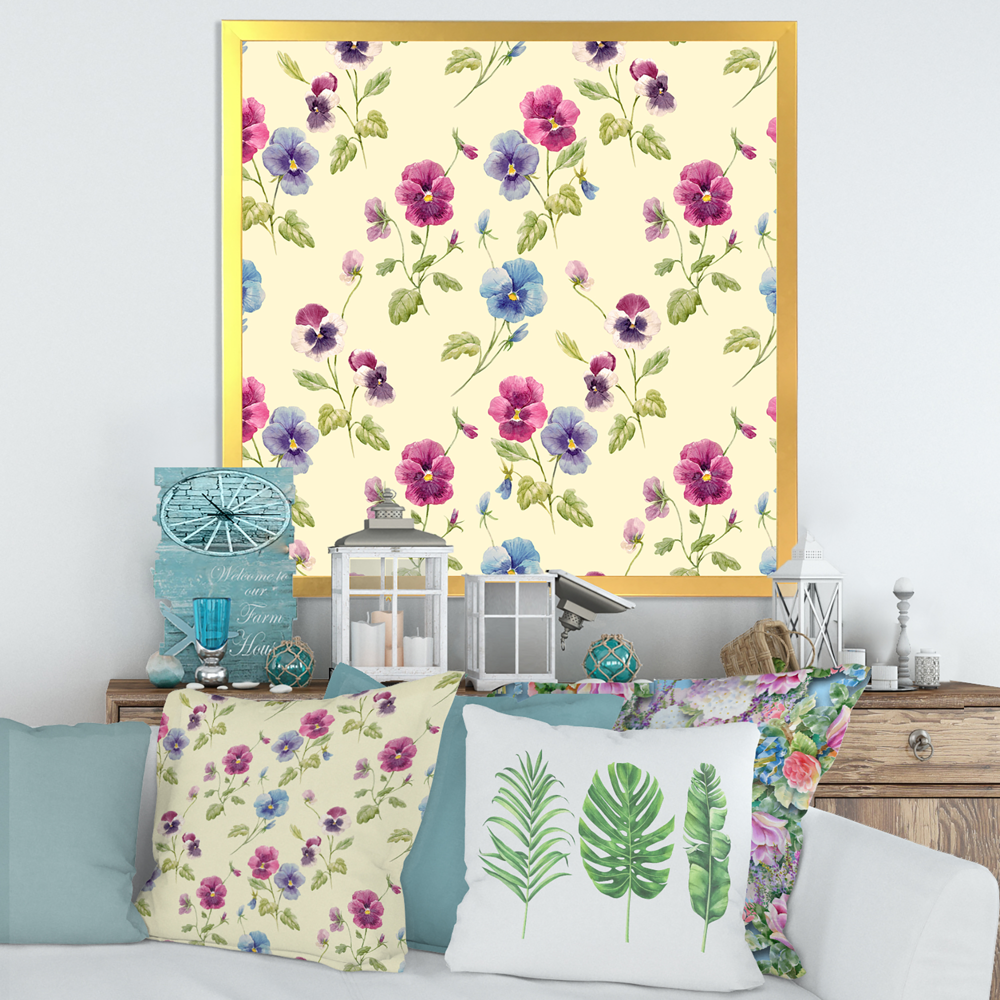 Designart 'Blue and Pink Pansy Flowers I' Traditional Framed Art Print