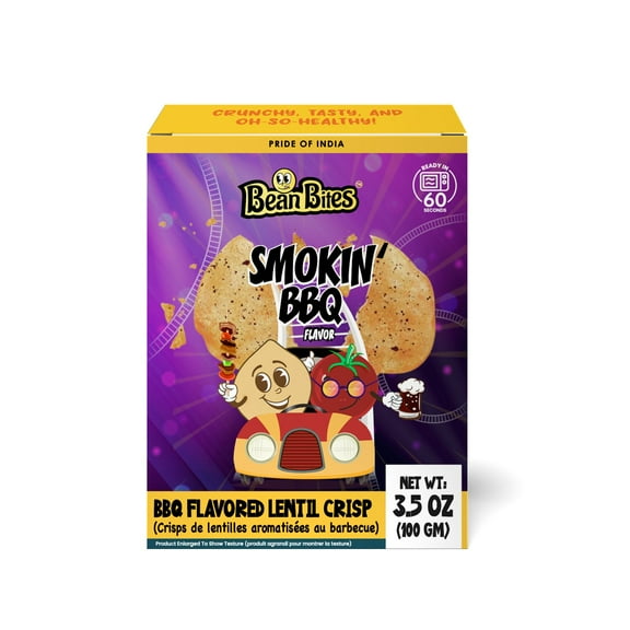 Bean Bites | Smokin’ BBQ Lentil Crisp 3.53 oz (100 g) | Round Crunchy Crisps|  Heat in Oven (up to 60 secs), Plant Based Protein, Vegan Crisps, Healthy Poppadom Snack By Pride of India