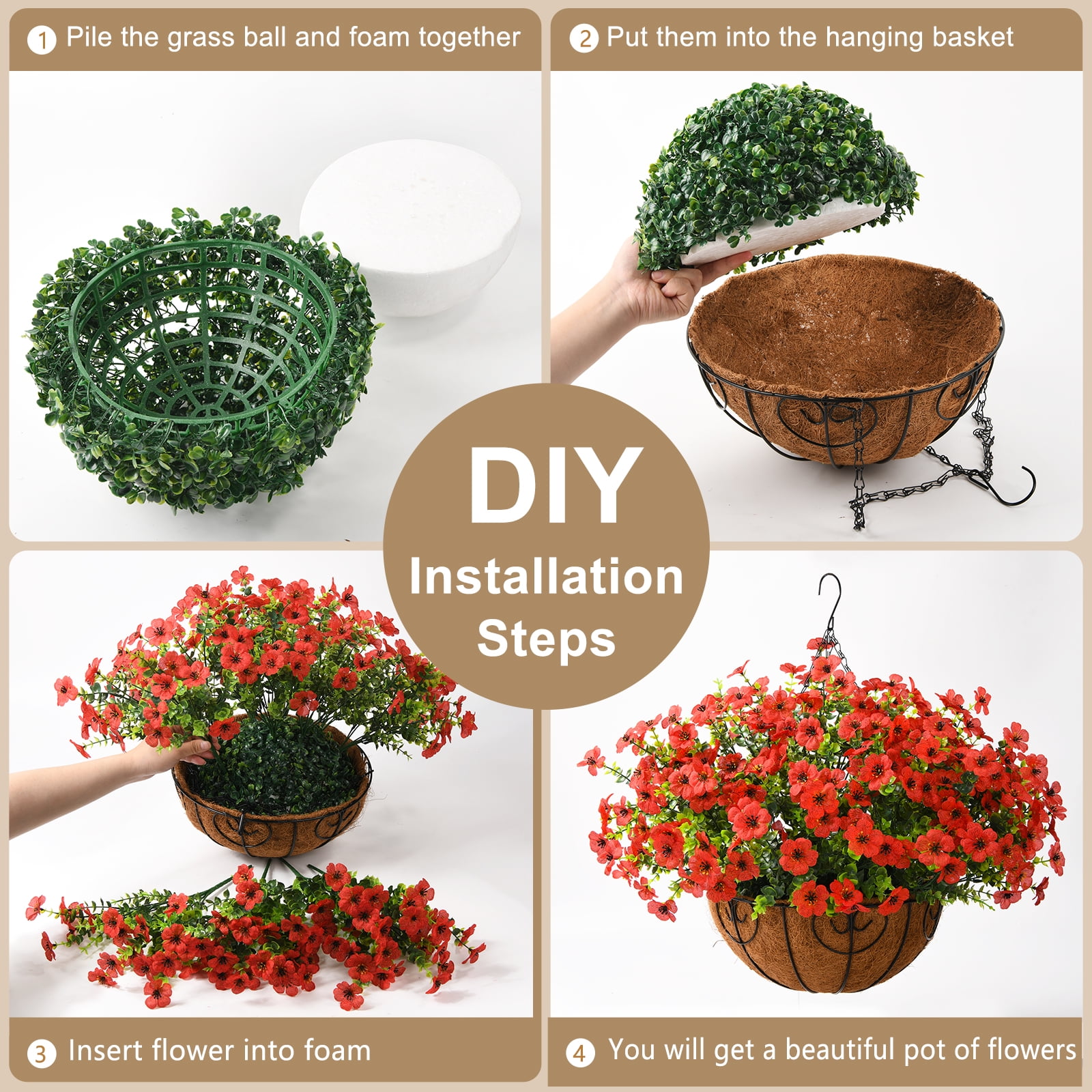 Artificial Faux Hanging Plants Flowers Basket Outdoor Porch Garden Summer Decoration,Fake Silk Daisy in Planter Realistic UV Resistant for Outside Home Patio Balcony Yard(Red)