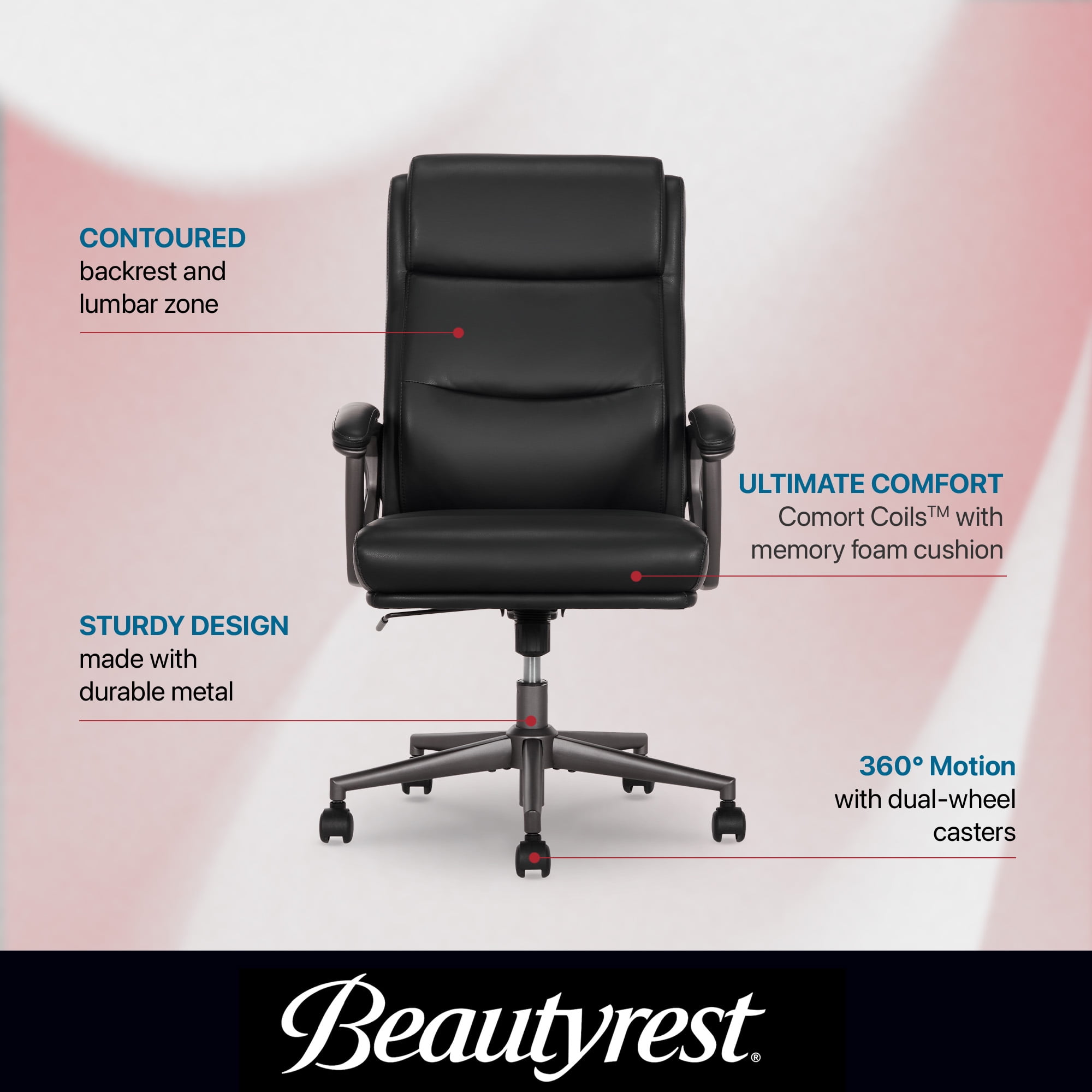 Beautyrest Amara Ergonomic Manager Office Chair with Padded Armrest for Teens Adults, Black