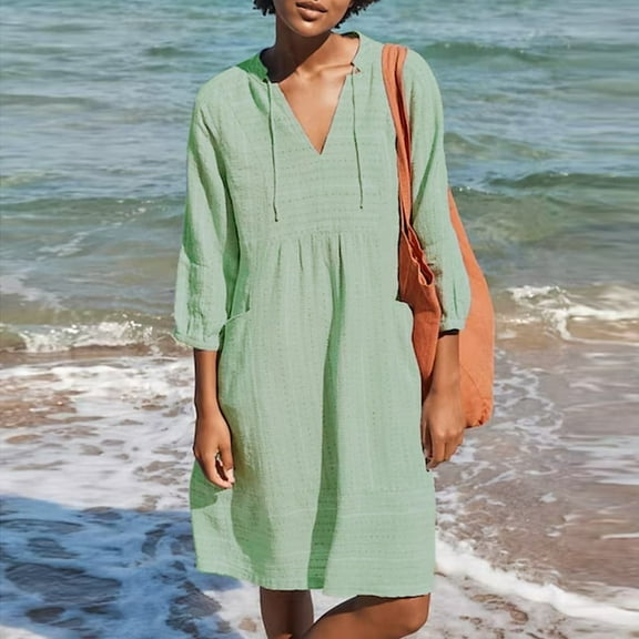 Womens V-Neck Casual Loose 3/4 Sleeve Dresses With Pocket