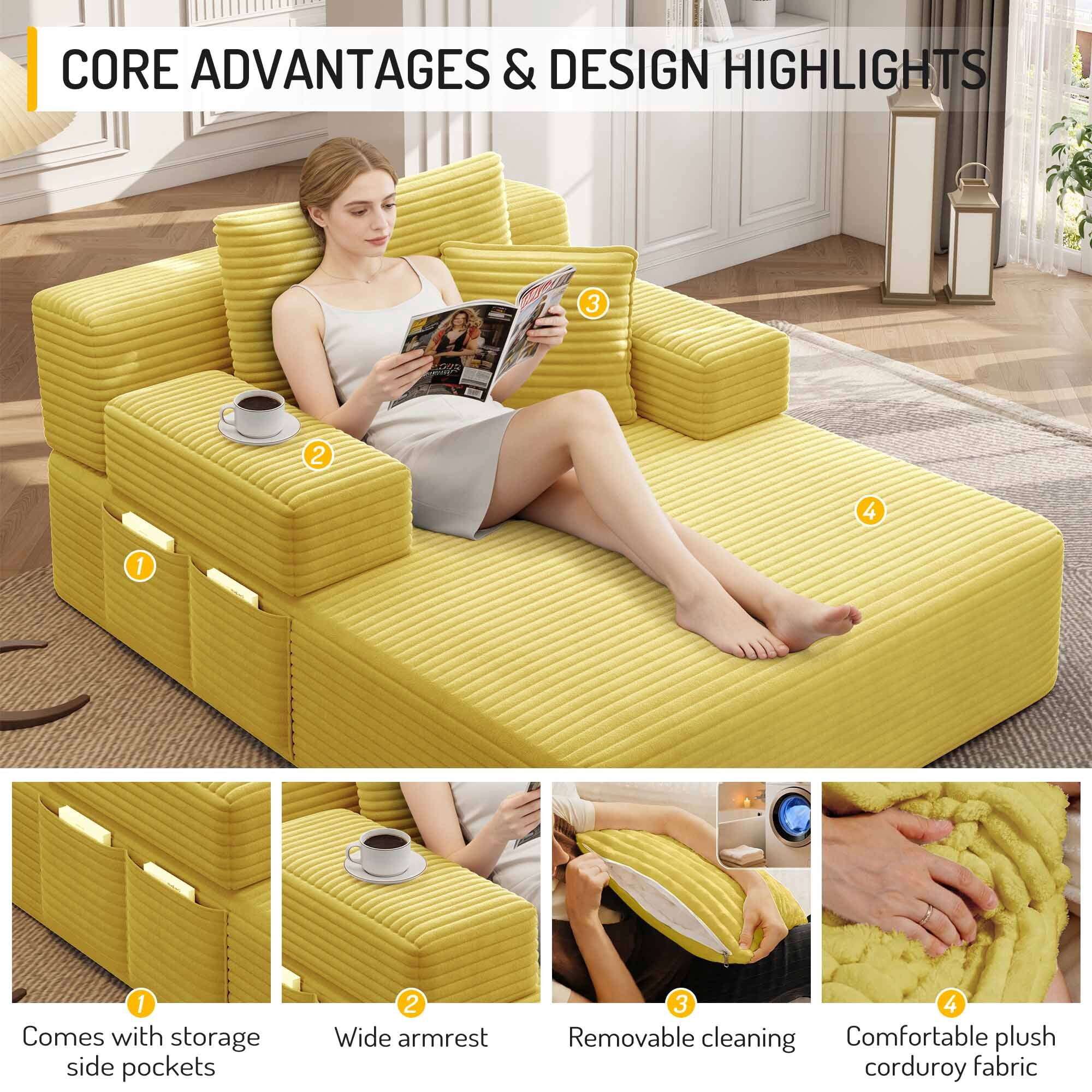 Lunale Boneless Chaise Lounge Chair Indoor, Oversized Convertible Sofa Bed, Cloud Corduroy Sofa Chair for Living Room, Yellow