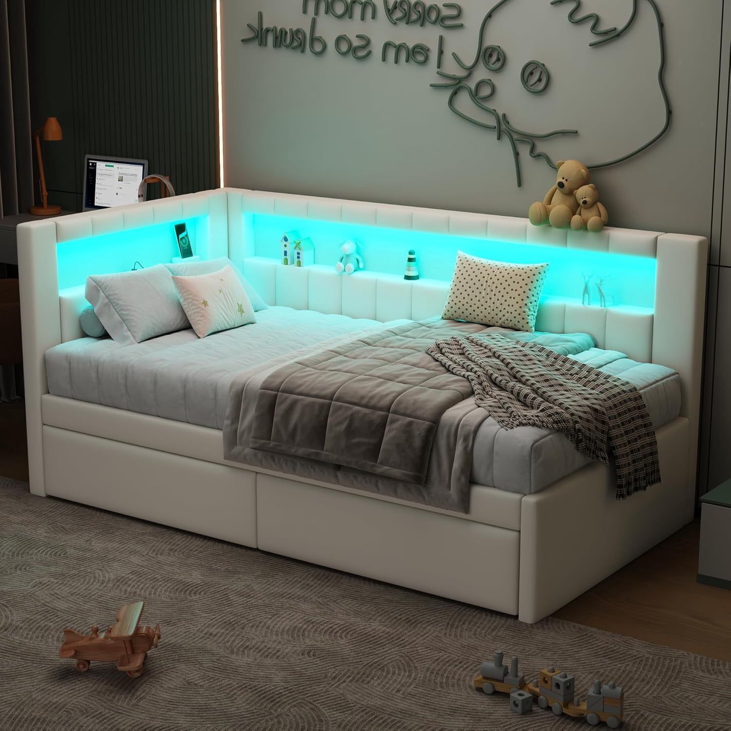 AISWORD Twin Size Daybed with Storage Drawers and L-Shaped Bookshelf Headboard, Upholstered Soft Corner Bed with Shelves, Charging Station and LED Belt, White