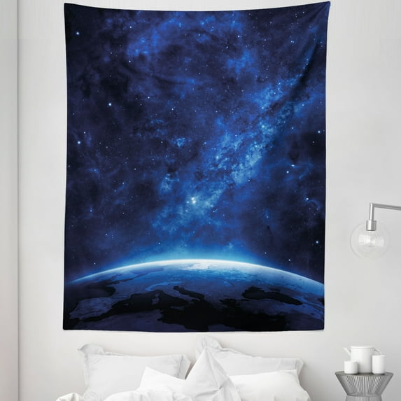 World Tapestry, Earth View at Night from Space Atmosphere Stars Cosmic Galaxy Nebula, Fabric Wall Hanging Decor for Bedroom Living Room Dorm, 5 Sizes, Blue and White, by Ambesonne