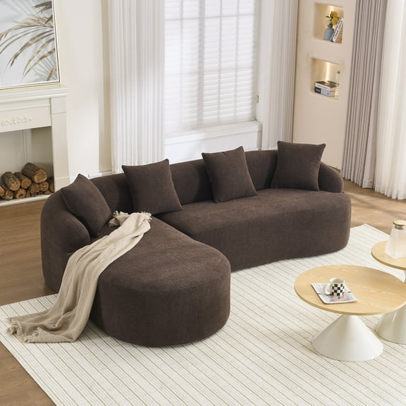 Compression Sponge L-Shape Sectional Sofa with Curved Chaise, Brown Modular Chenille Couch No Assembly Required, 30D High-Density for Living Room Bedroom Apartment Lounge.