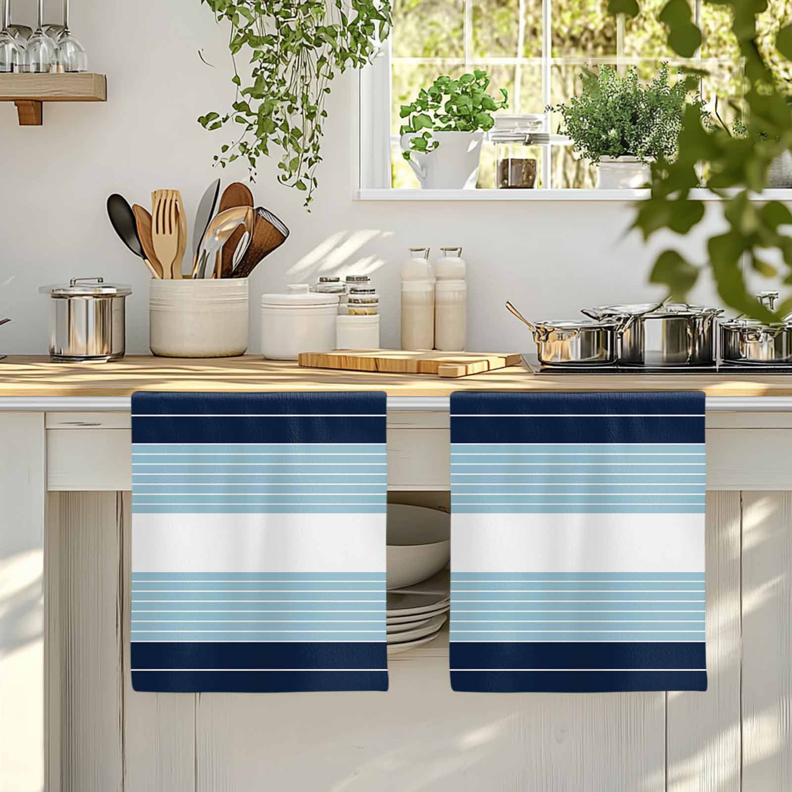 Dish Towels, Sky Blue Striped Absorbent Kitchen Towels 2 PCS, Ombre Stripes Microfiber Hand Towels Dish Cloths Tea Towels for Home&nbsp;Bathroom Cleaning Drying,18X28-Inch,