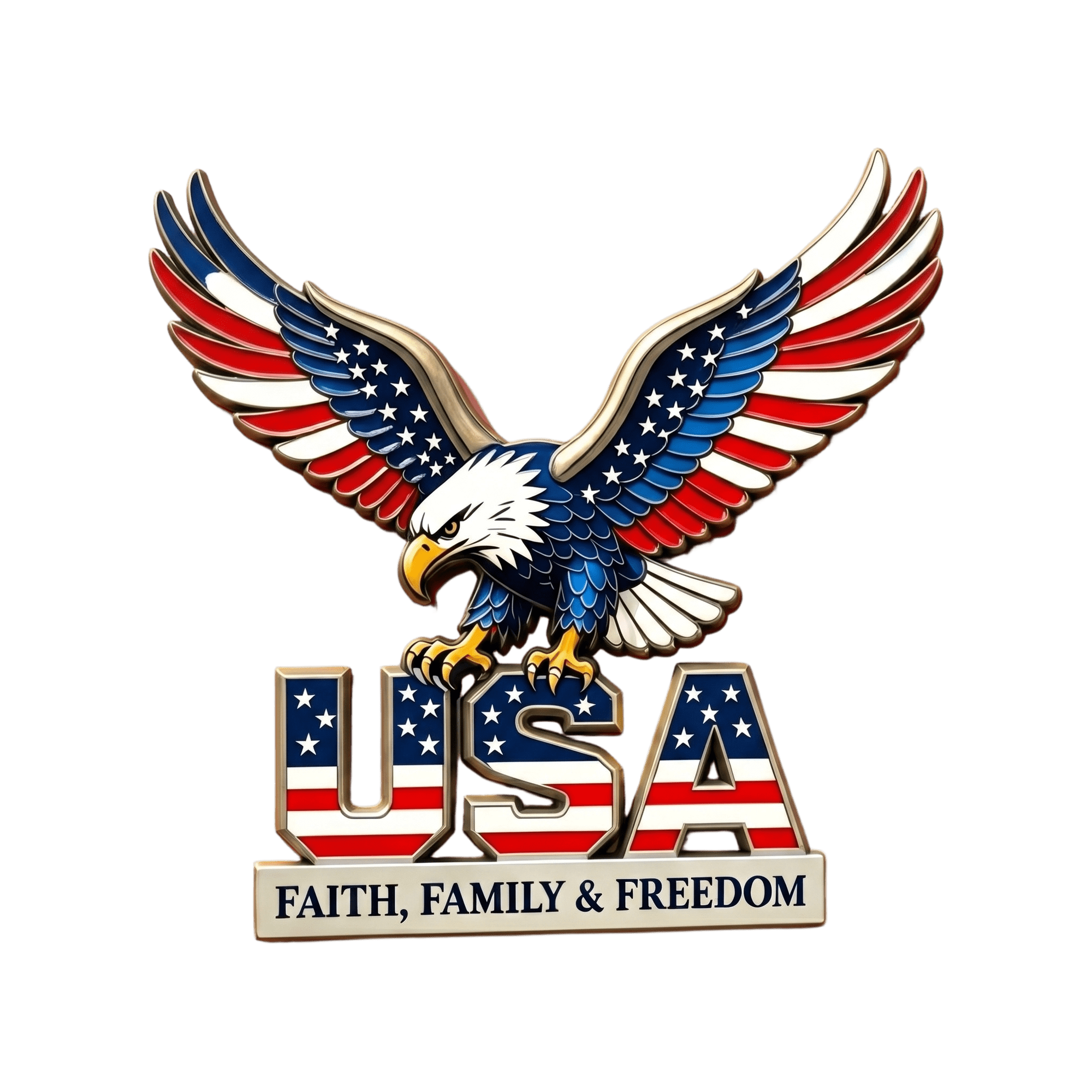 USA Faith, Family & Freedom Metal Emblem, Eagle & USA Letters Patriotic Edition 3D Metal Car Emblem, 250th Anniversary Red & Blue Flag Auto Decal for Automotive, Trucks, SUV, Motorcycle