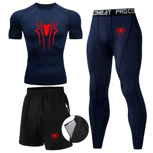 Traje de hombre de tres piezas de compresión de secado rápido de manga corta, mallas, traje deportivo para correr, traje de entrenamiento de baloncesto, gimnasio