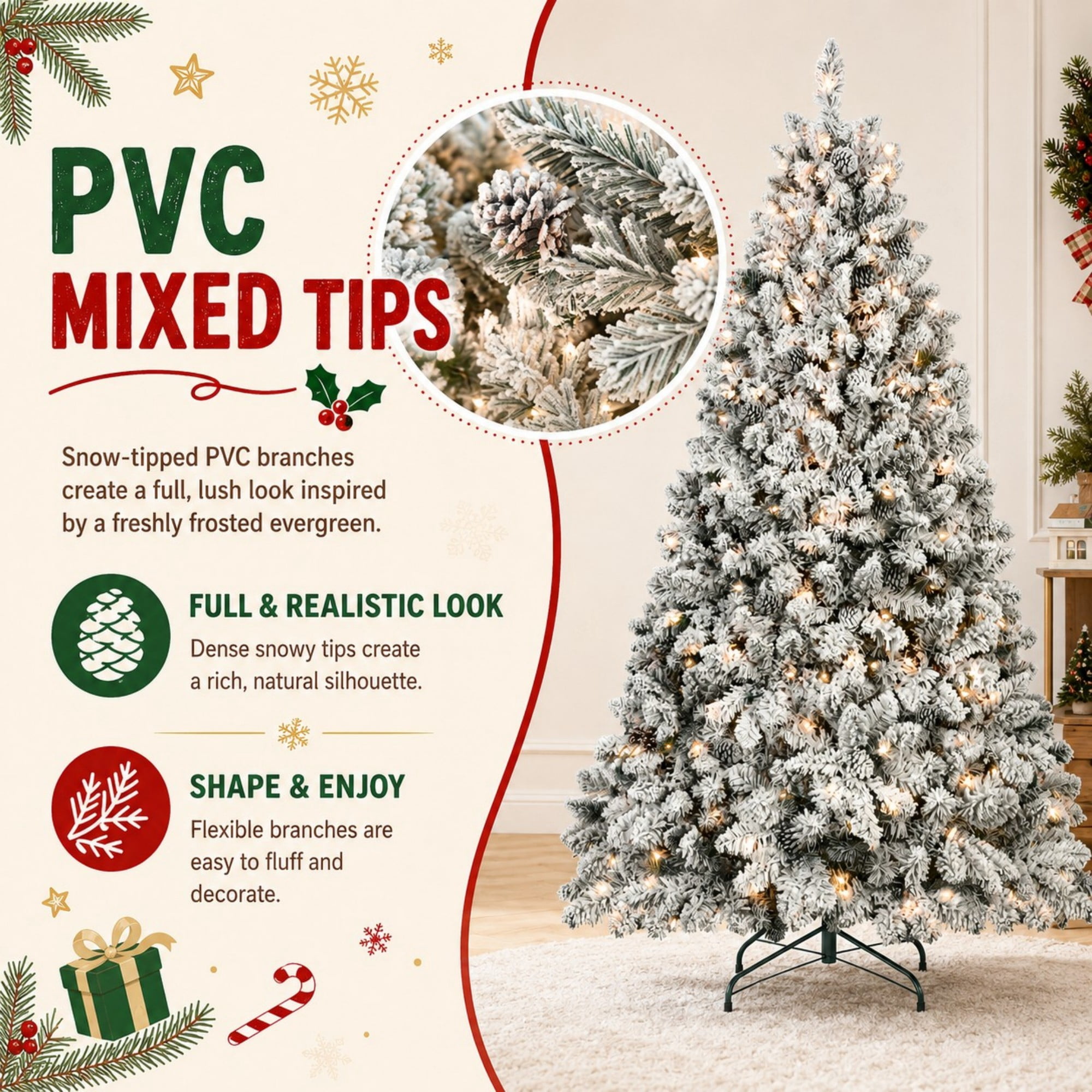 DEALTOPS 8 FT Snow-Flocked Pre-Lit Artificial Christmas Tree, 1754 Tips & 700 UL Lights, Pine Cones & Stand