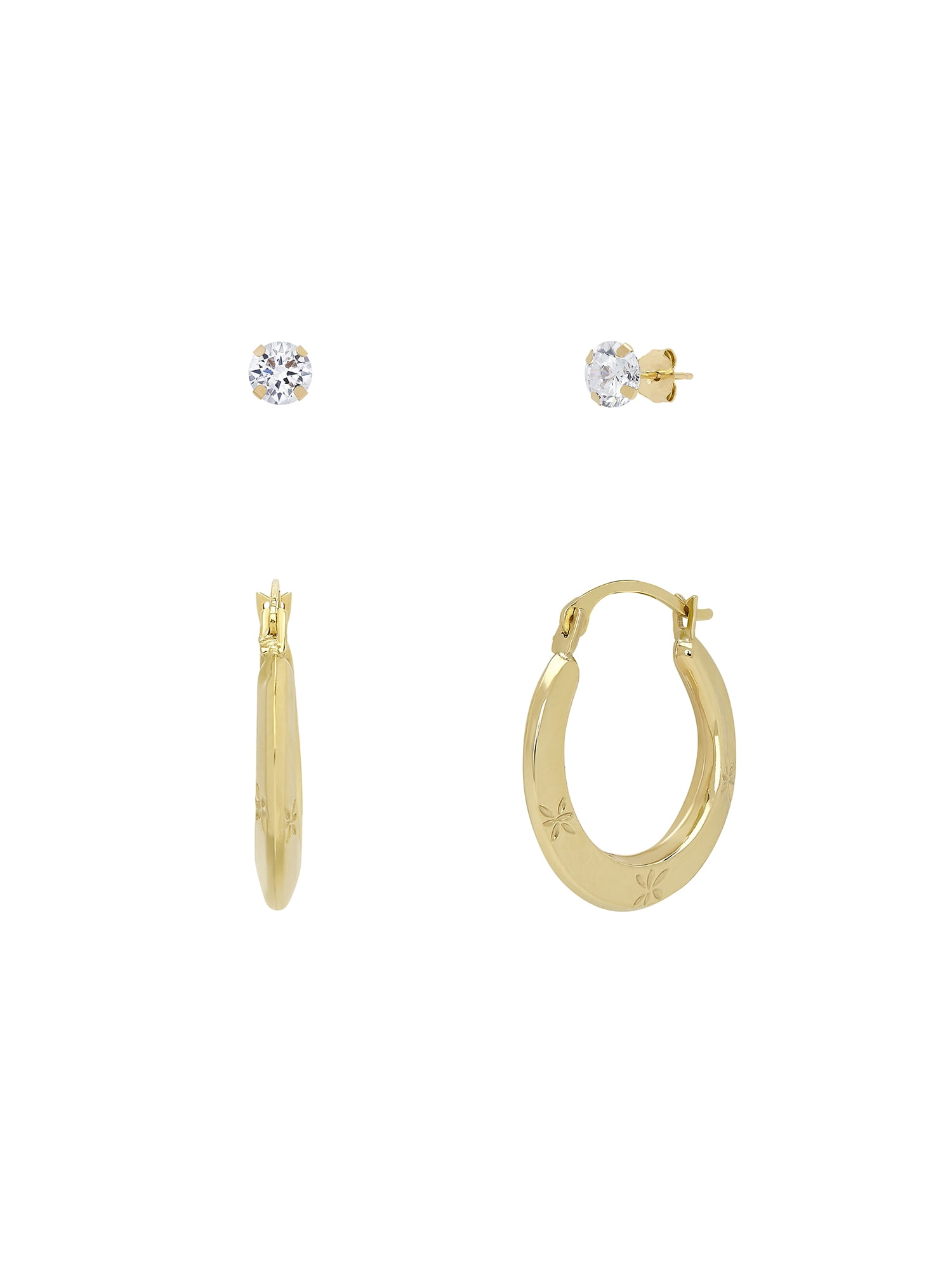 Brilliance Fine Jewelry Cubic Zirconia 6MM Studs and Hollow Hoops Set in 10K Yellow Gold