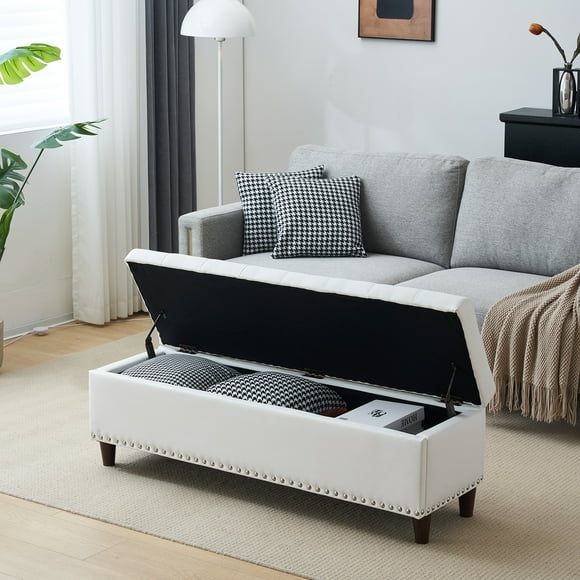 Ktaxon Storage Ottoman Footstool Organizer,51.5'' Tufted PU Sofa Bed Bench for Entryway, Living Room Bedroom Off White