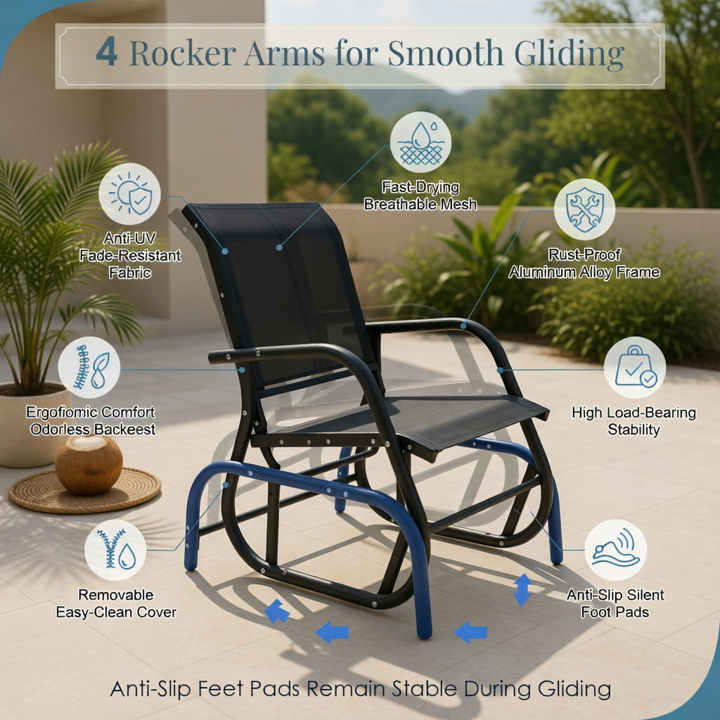 Hommoo 48" Outdoor Glider Loveseat Rocker Chair, Heavy Duty Steel Frame, Breathable Fabric Seat, Dual-Adult Capacity for Patio, Backyard & Porch, Black